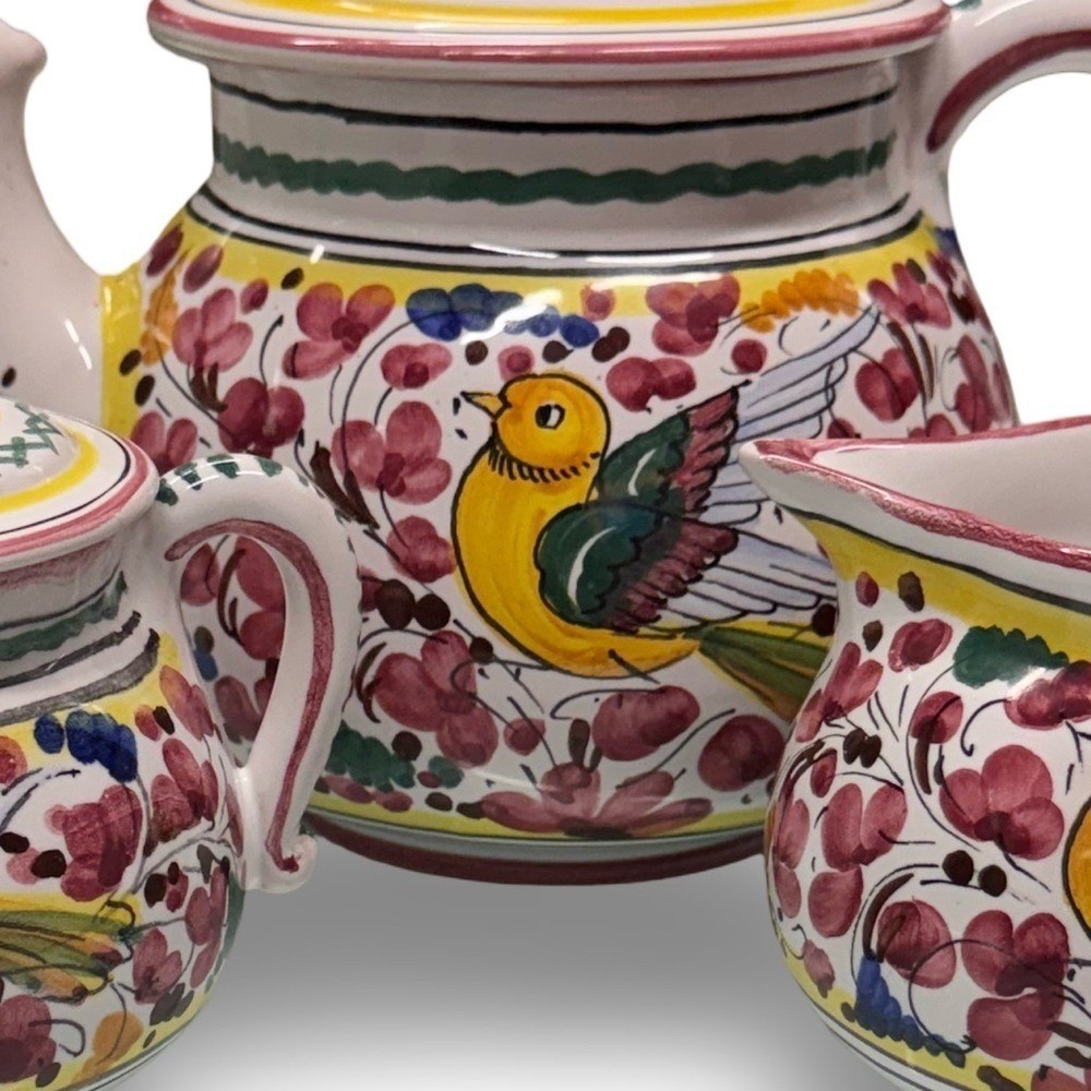 Sberna Deruta Italy Hand Painted Majolica Bird Tea Set Teapot Sugar Creamer